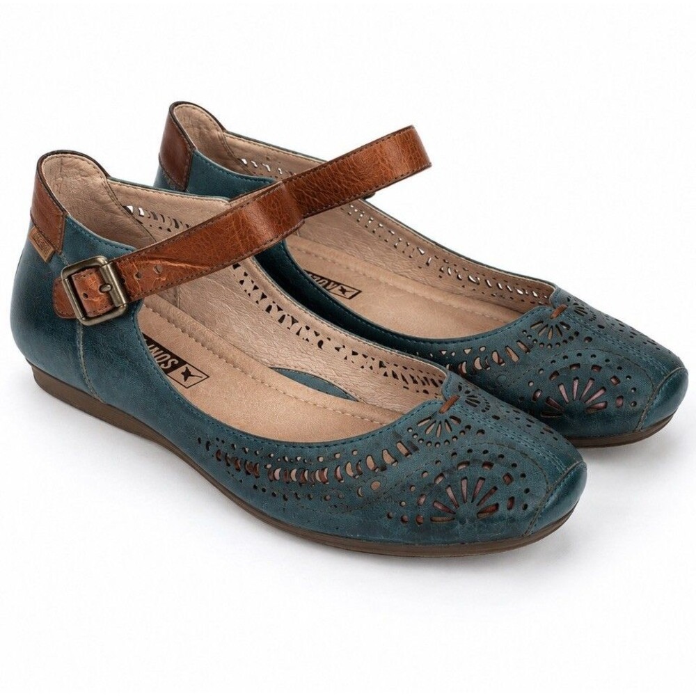 Pikolinos P Vallarta Women’s 38 Teal Blue Leather Mary Jane Flats Cutout